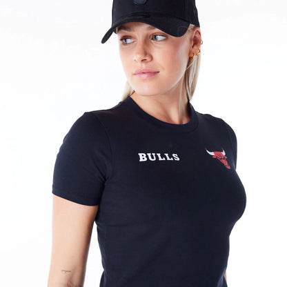 The Female model is wearing Chicago Bulls Womens NBA Wordmark Black Slim T-Shirt 7