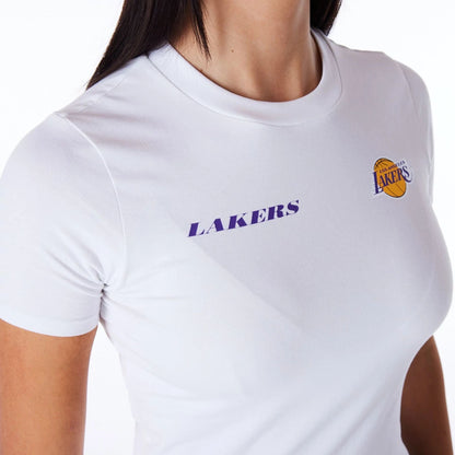 The Female model is wearing LA Lakers Womens NBA Wordmark White Slim T-Shirt 6