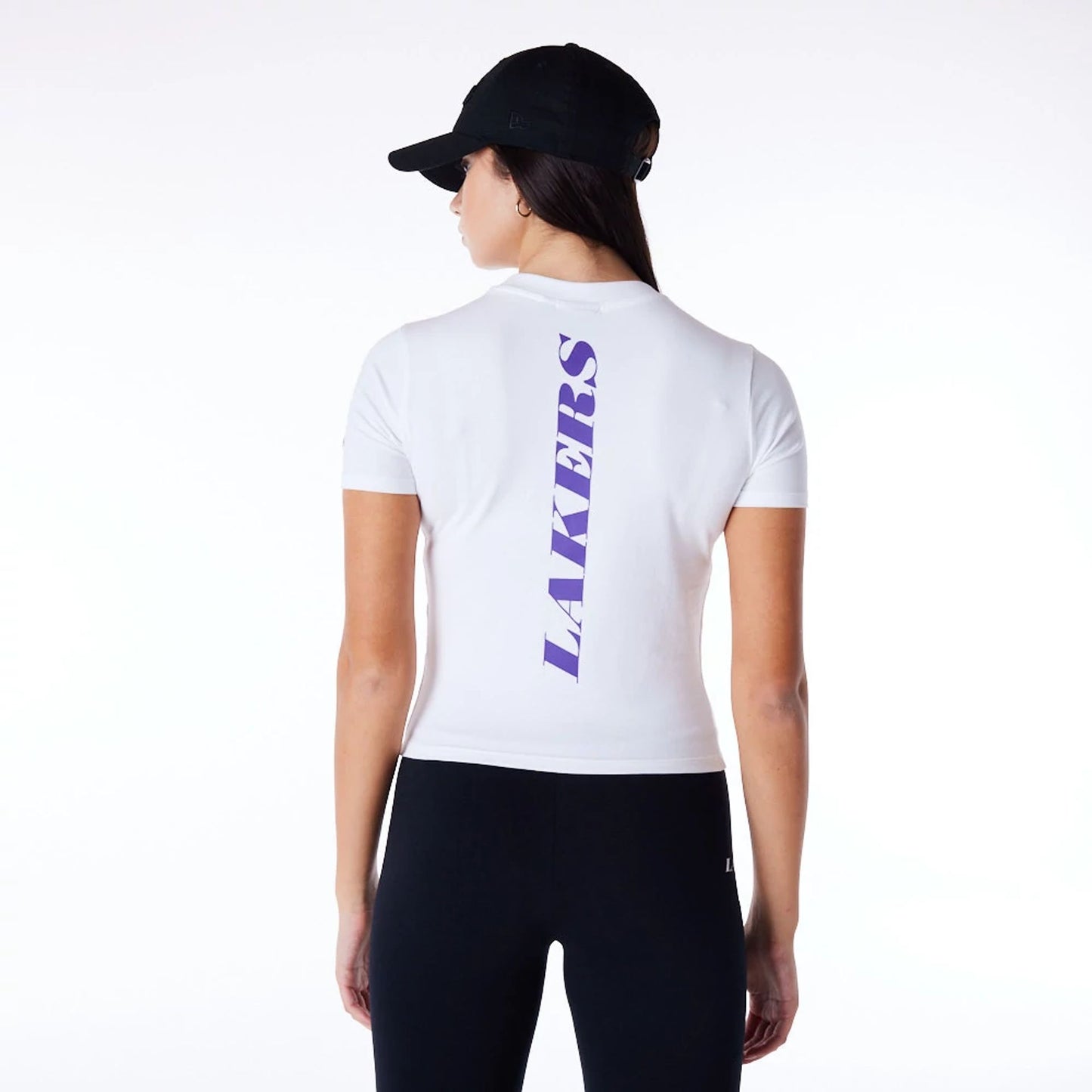 The Female model is wearing LA Lakers Womens NBA Wordmark White Slim T-Shirt 4