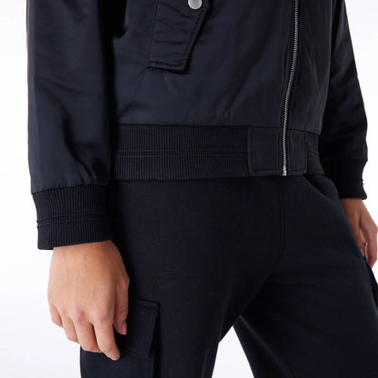 The Female model is wearing New Era Womens Black Bomber Jacket 5