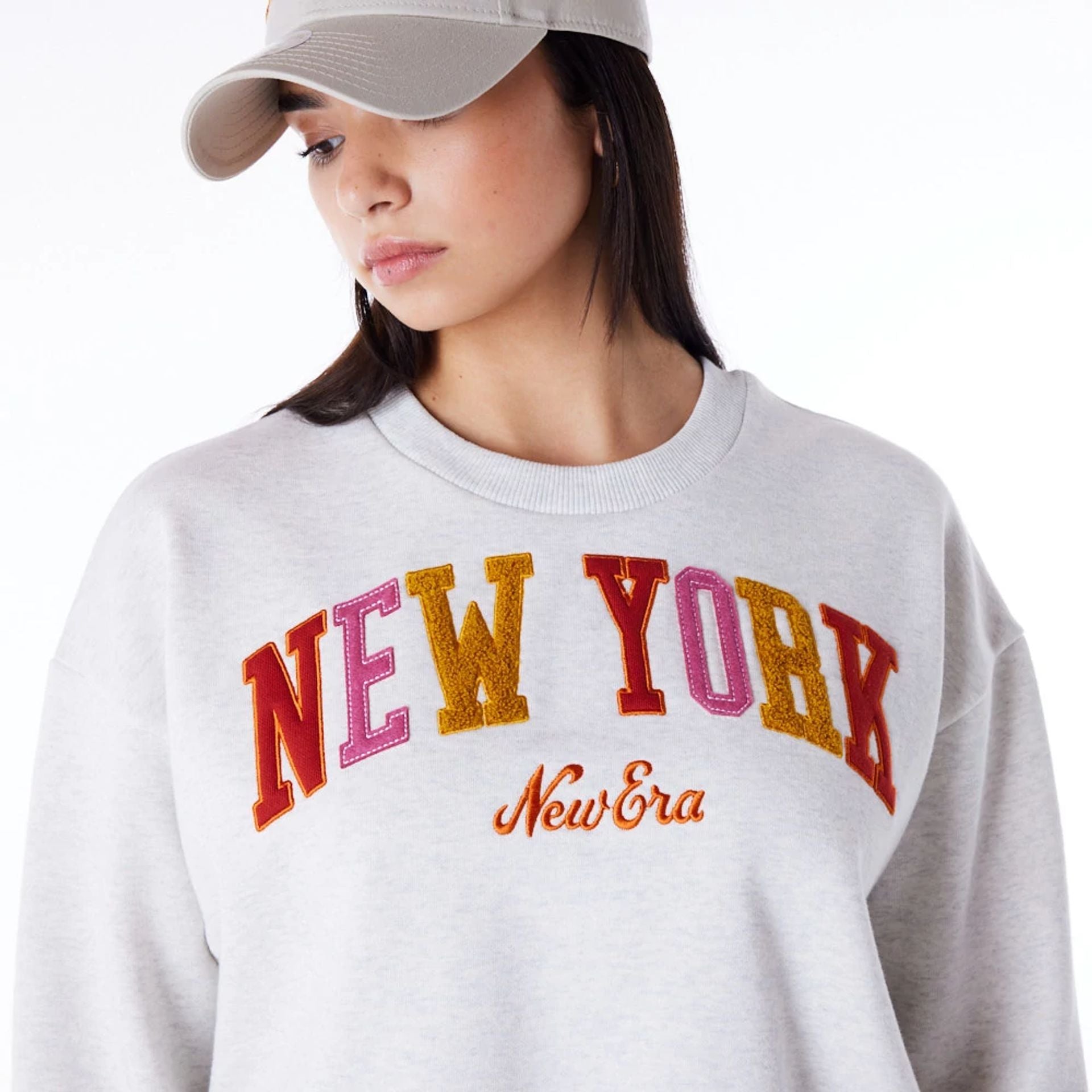 The Female model is wearing New Era Infill Grey Crop Crew Neck Sweatshirt 8