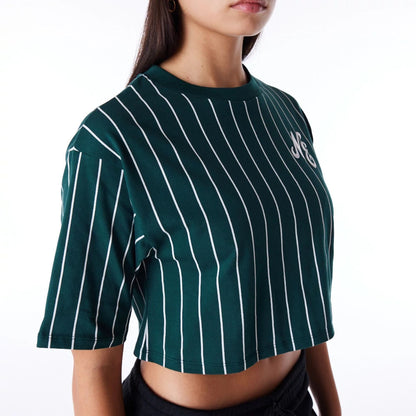 The Female model is wearing New Era Womens Pinstripe Dark Green Crop T-Shirt 6