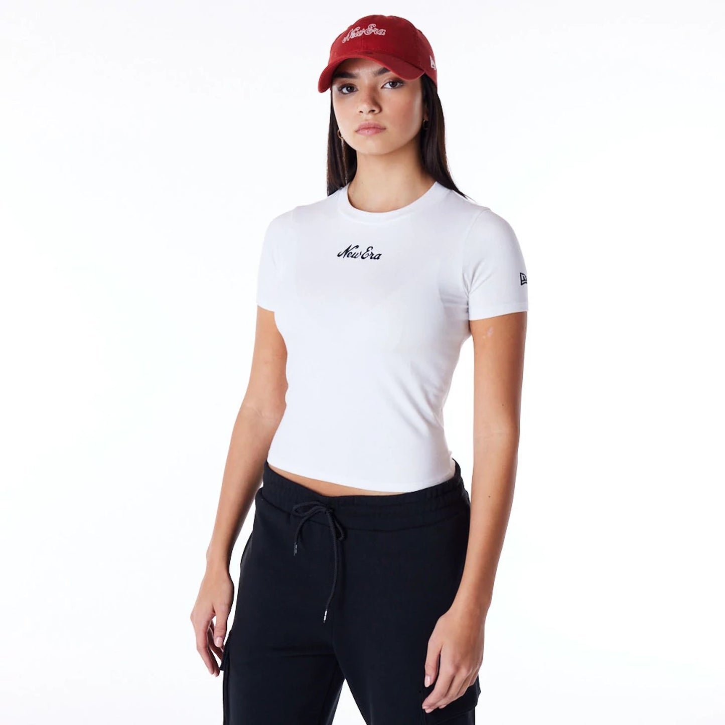 The Female model is wearing New Era Womens White Slim T-Shirt 1