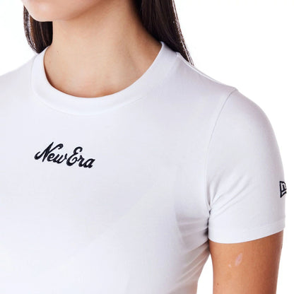 The Female model is wearing New Era Womens White Slim T-Shirt 4