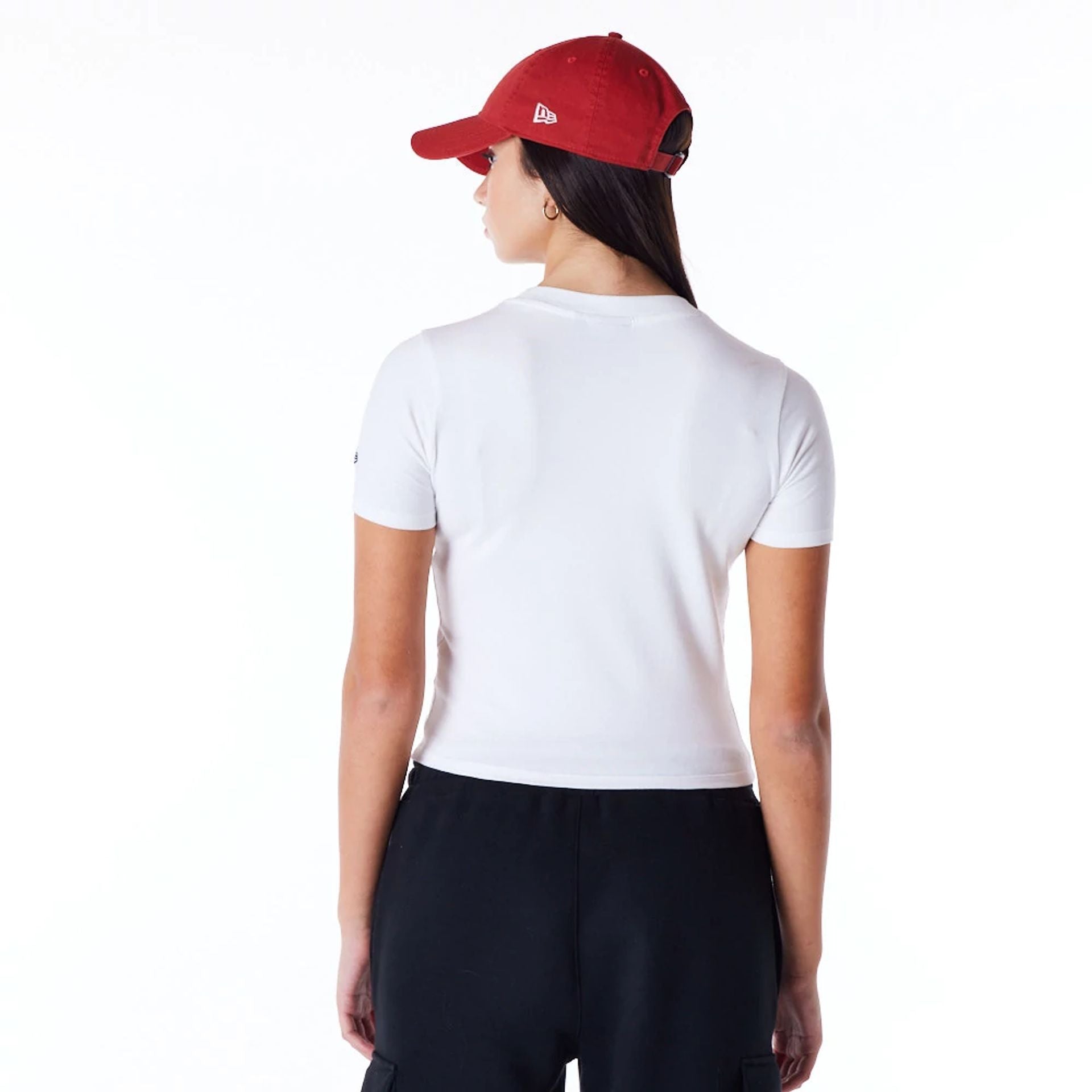 The Female model is wearing New Era Womens White Slim T-Shirt 5