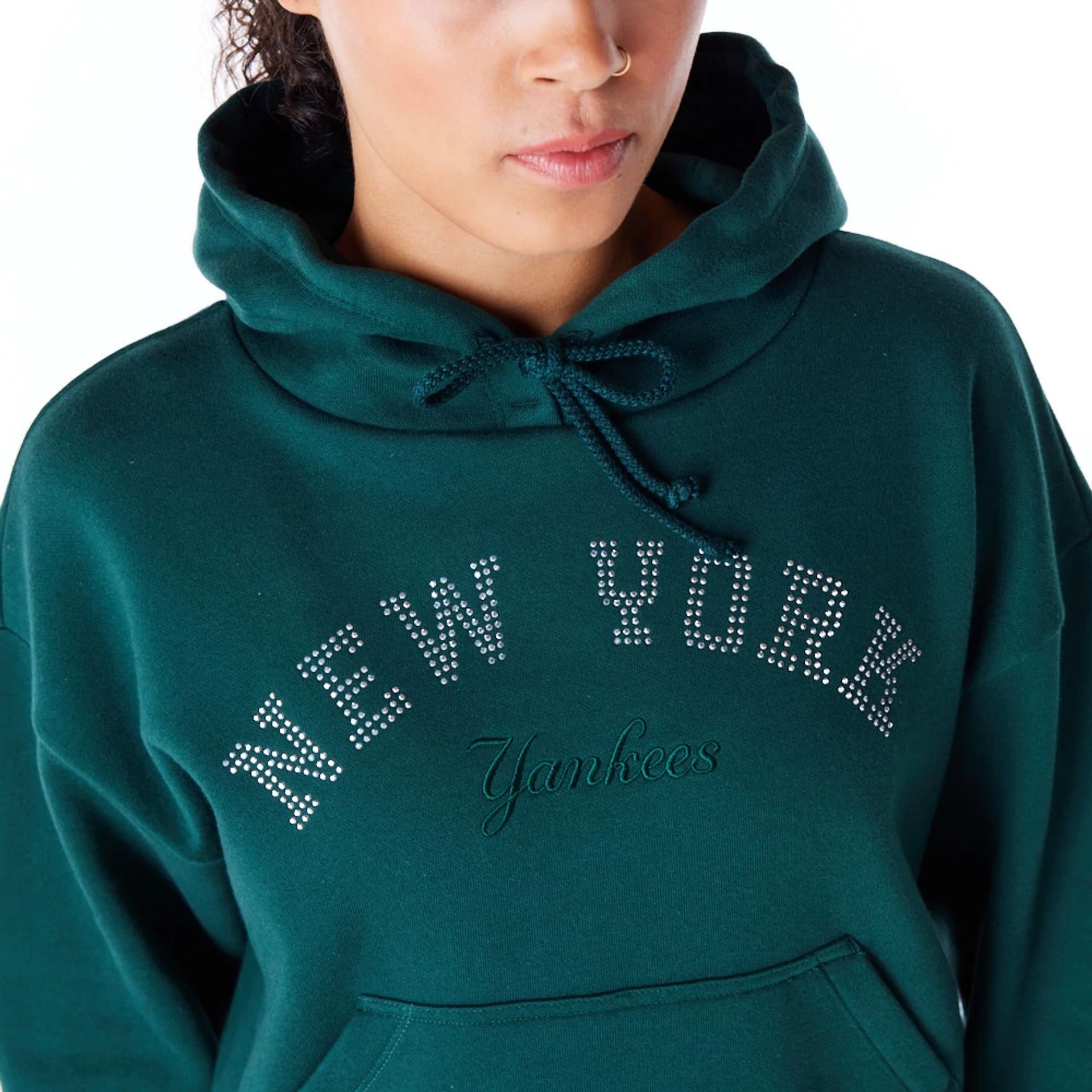 The Female model is wearing New York Yankees Womens MLB Diamante Dark Green Pullover Hoodie 5