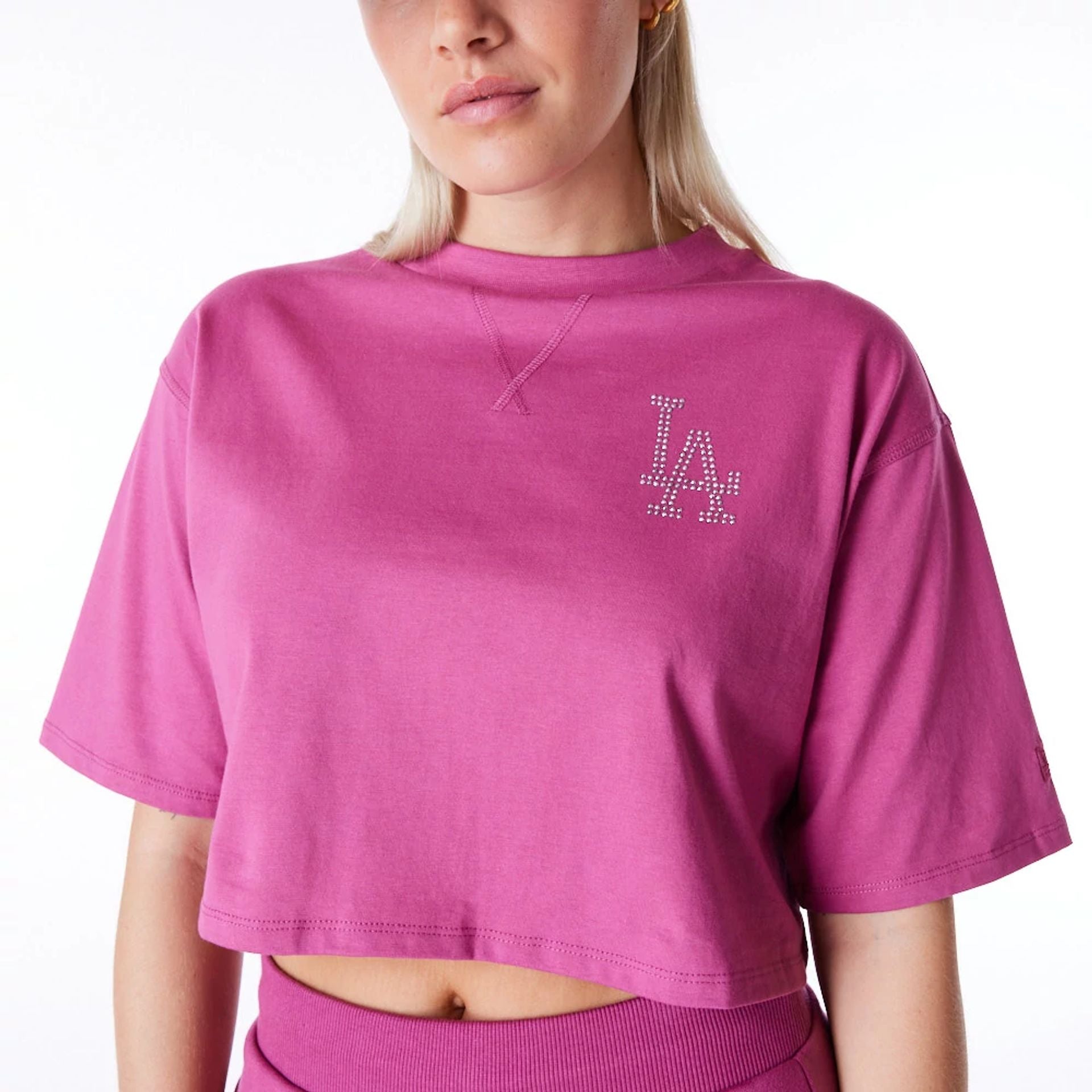 The Female model is wearing LA Dodgers Women's MLB Diamante Purple Crop T-Shirt 5