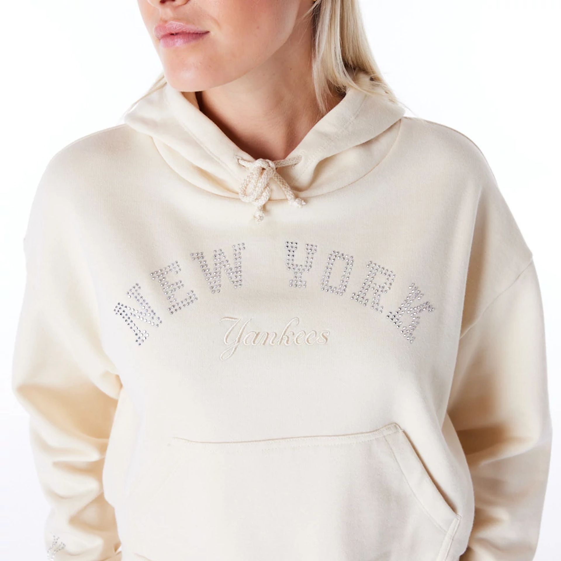 The Female model is wearing New York Yankees Womens MLB Diamante Stone Pullover Hoodie 2