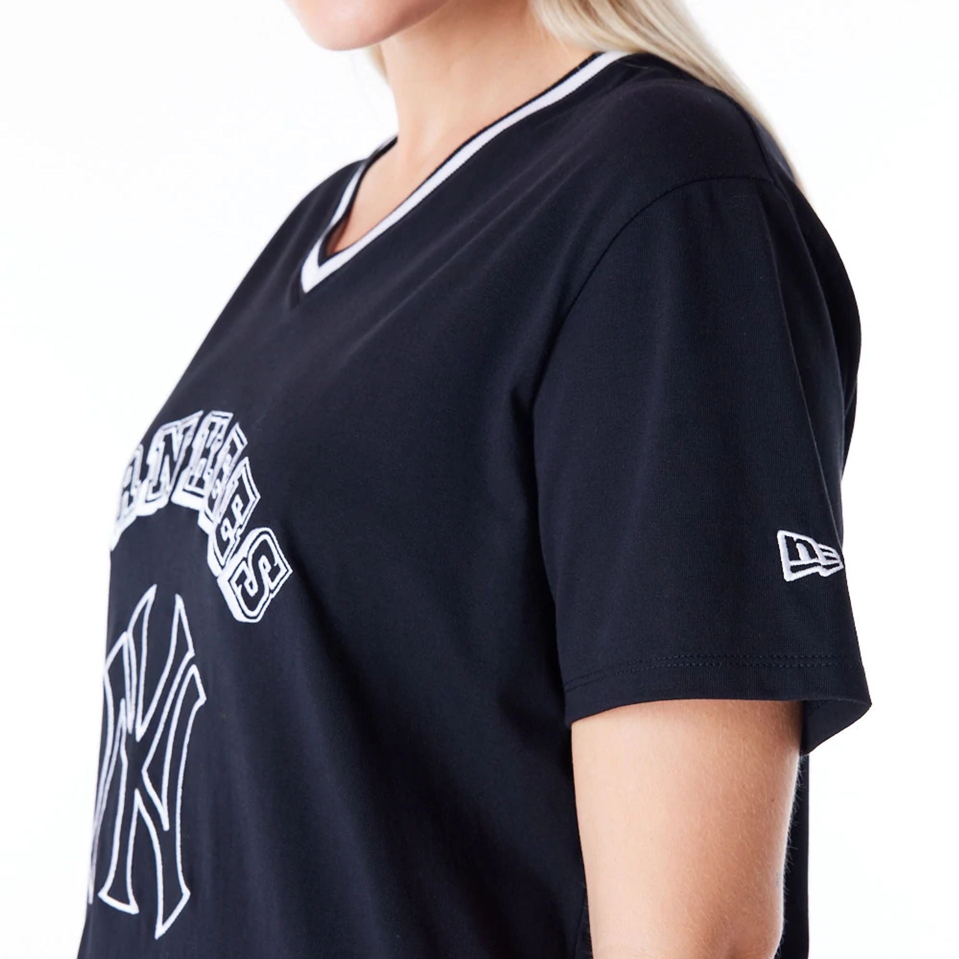 The Female model is wearing New York Yankees Womens MLB Graphic Black V Neck T-Shirt 3