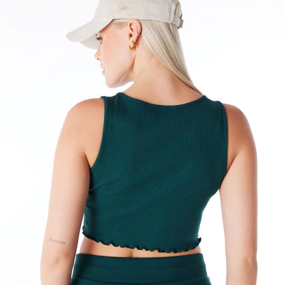 The Female model is wearing New York Yankees Womens MLB Rib Dark Green Crop Tank Top 5