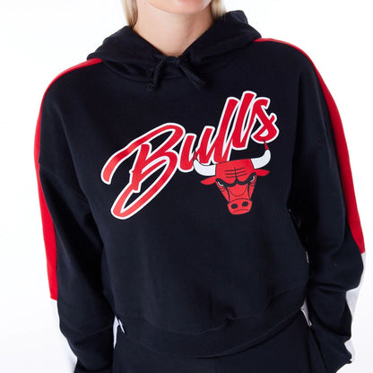 The Female model is wearing Chicago Bulls Womens NBA Colour Block Black Pullover Hoodie 7