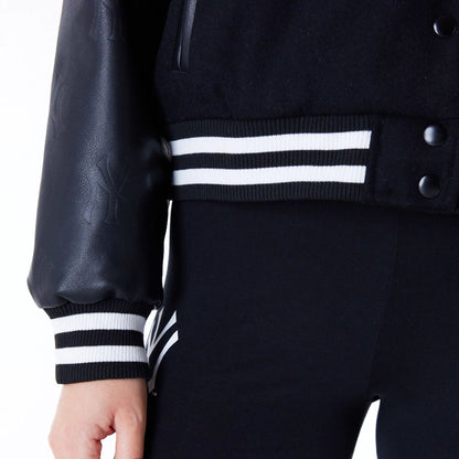 The Female model is wearing New York Yankees Womens MLB Black Varsity Jacket 6