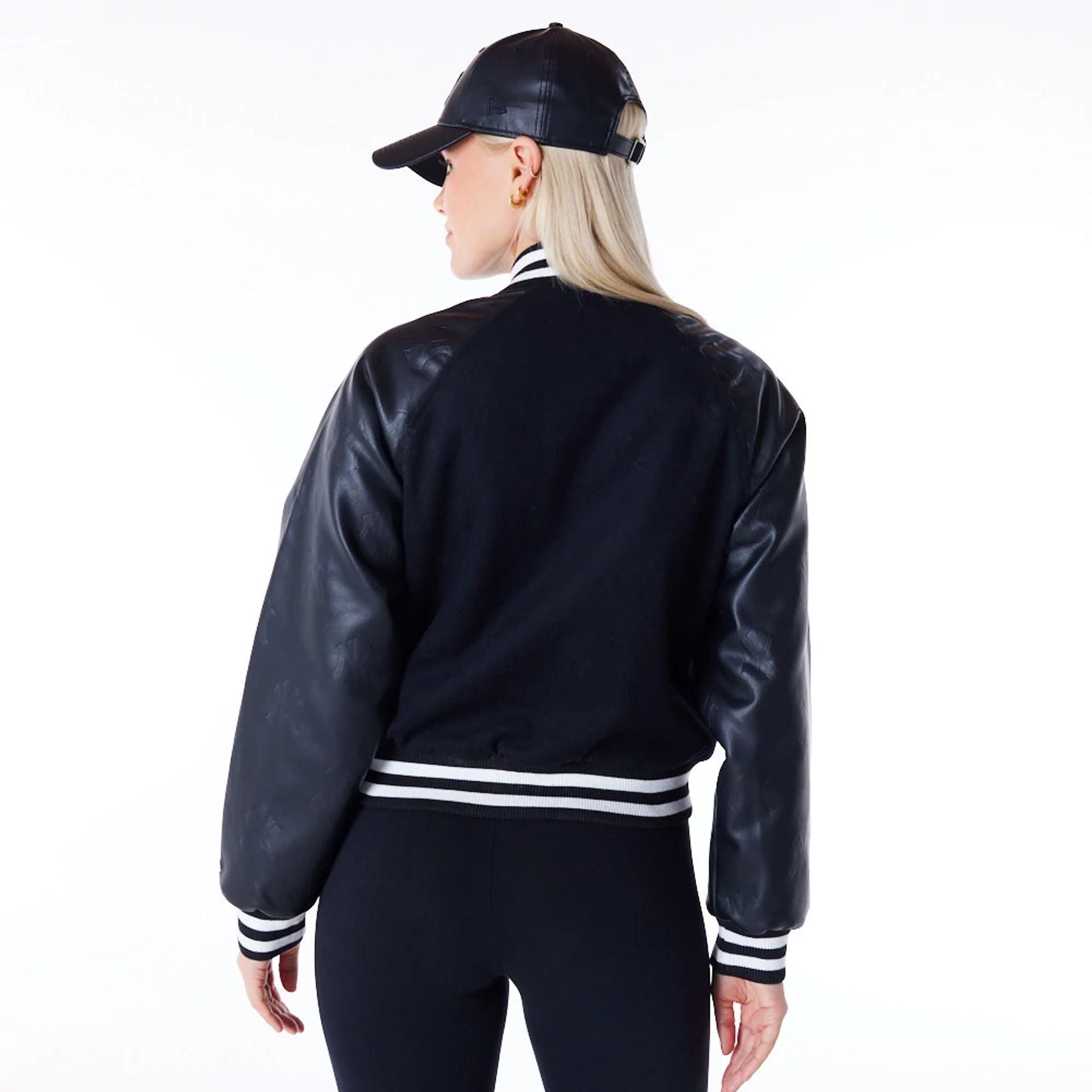 The Female model is wearing New York Yankees Womens MLB Black Varsity Jacket 2