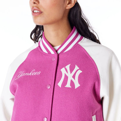 The Female model is wearing New York Yankees Womens MLB Purple Varsity Jacket 11