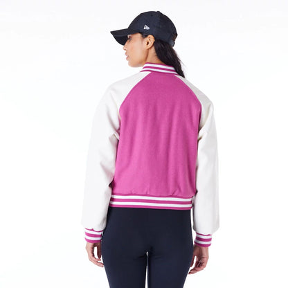 The Female model is wearing New York Yankees Womens MLB Purple Varsity Jacket 2