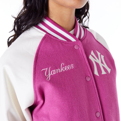 The Female model is wearing New York Yankees Womens MLB Purple Varsity Jacket 10