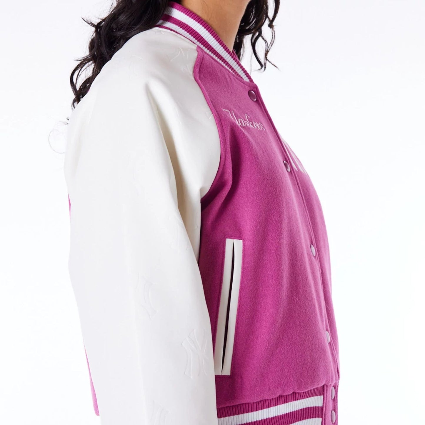 The Female model is wearing New York Yankees Womens MLB Purple Varsity Jacket 7