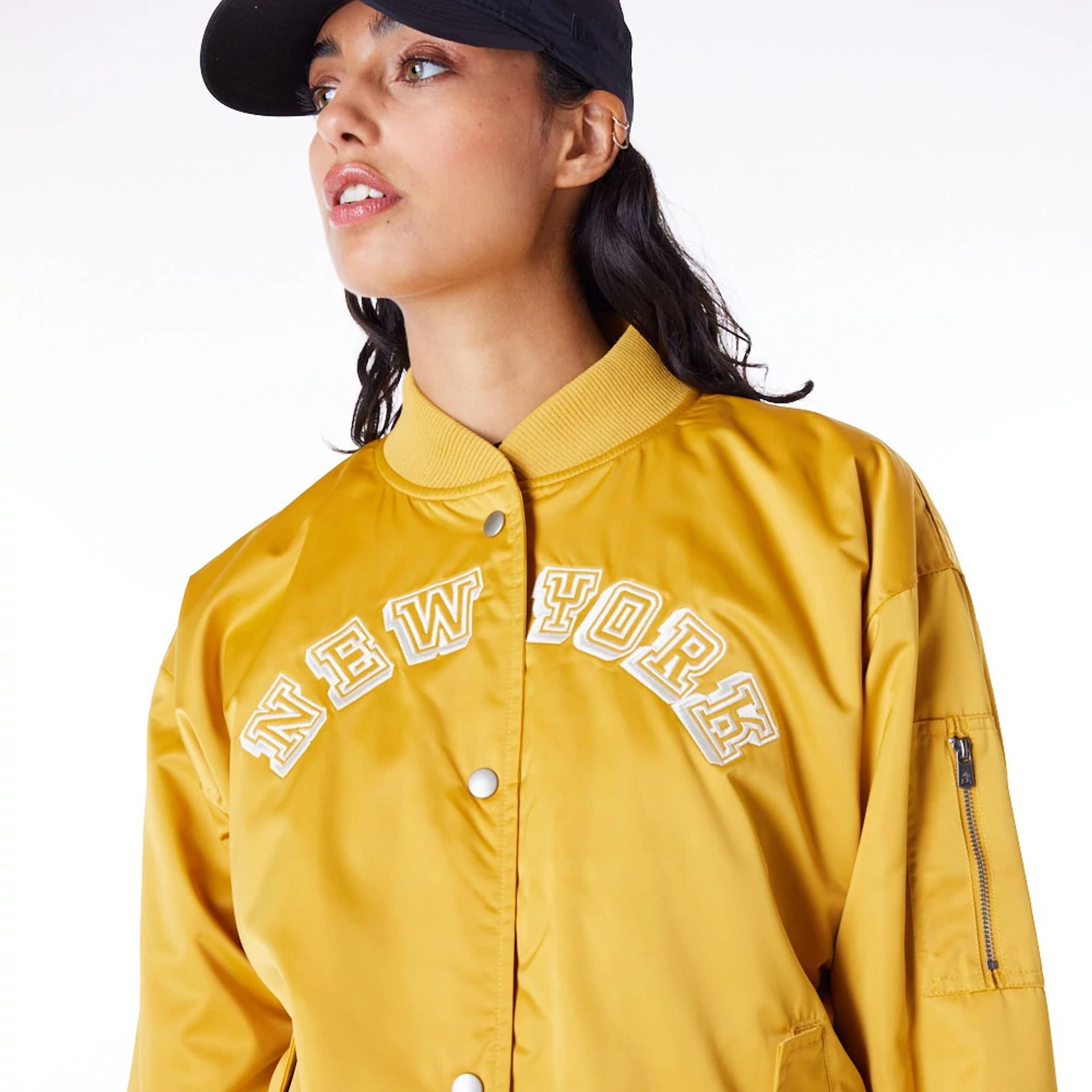 The Female model is wearing New York Yankees Womens MLB Dark Yellow Bomber Jacket 8