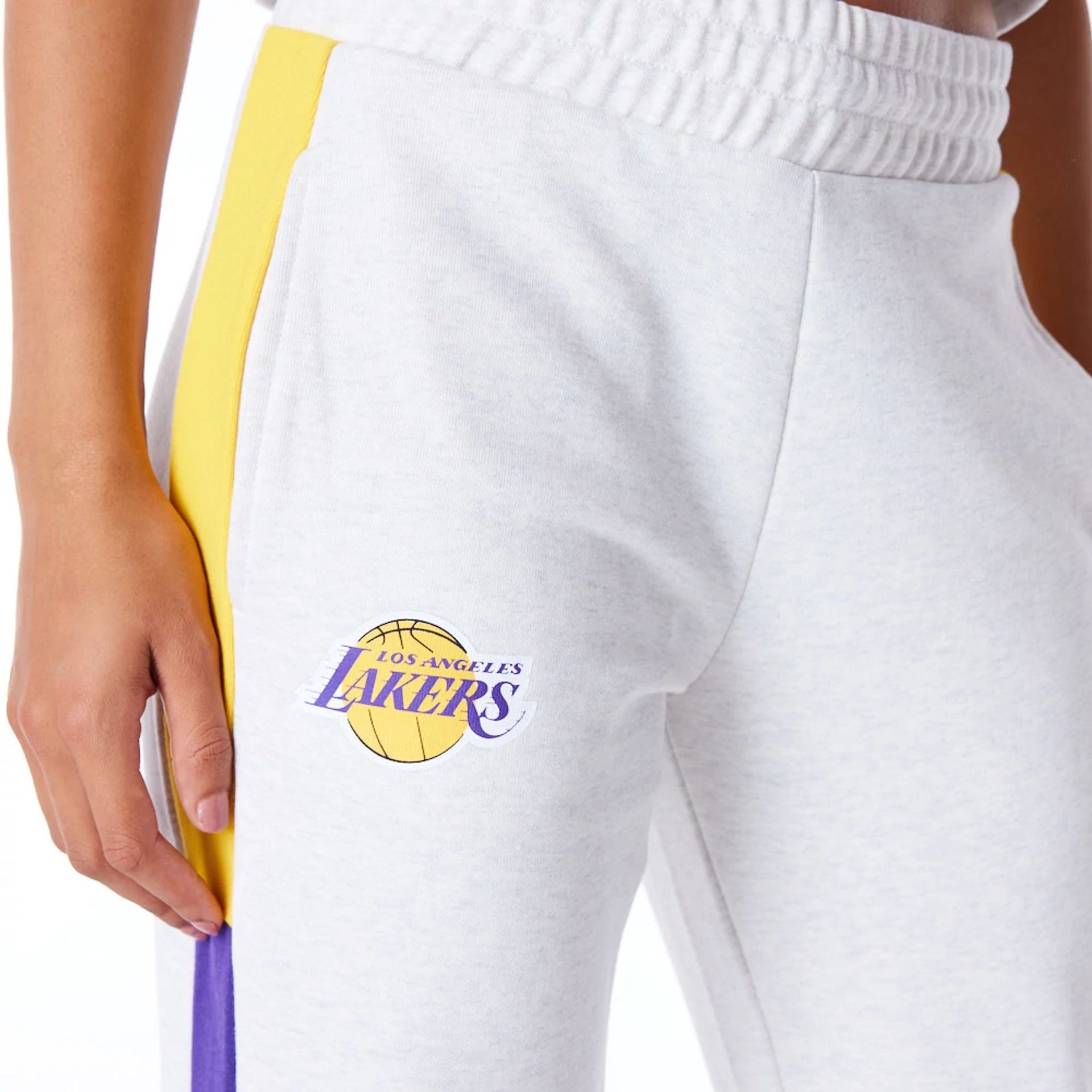 The Female model is wearing LA Lakers Womens NBA Colour Block Grey Fleece Joggers 8