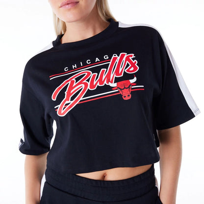 The Female model is wearing Chicago Bulls Womens NBA Colour Block Black Crop T-Shirt 8