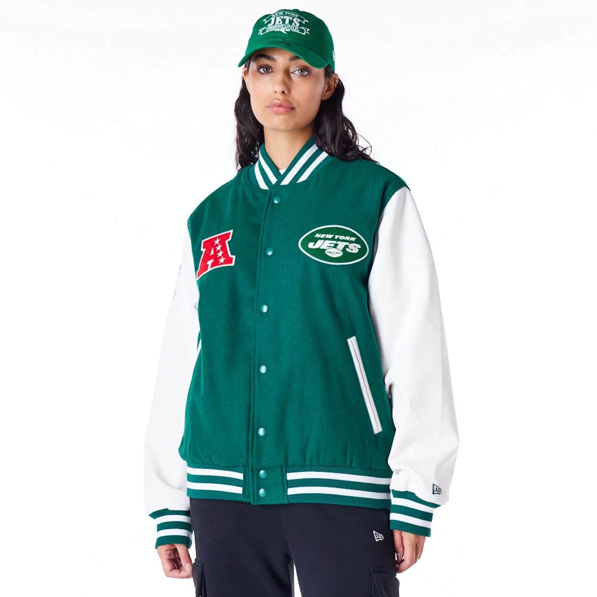 The Male model is wearing New York Jets NFL Patch Green Varsity Jacket 11