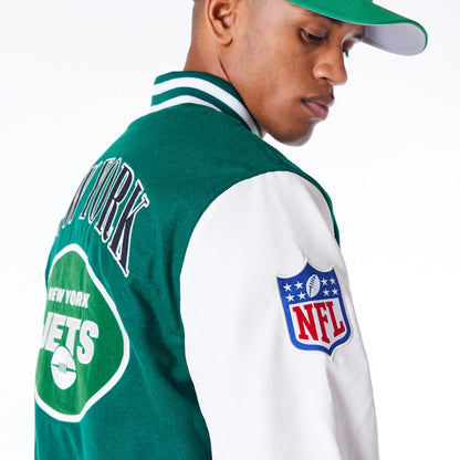 The Male model is wearing New York Jets NFL Patch Green Varsity Jacket 5