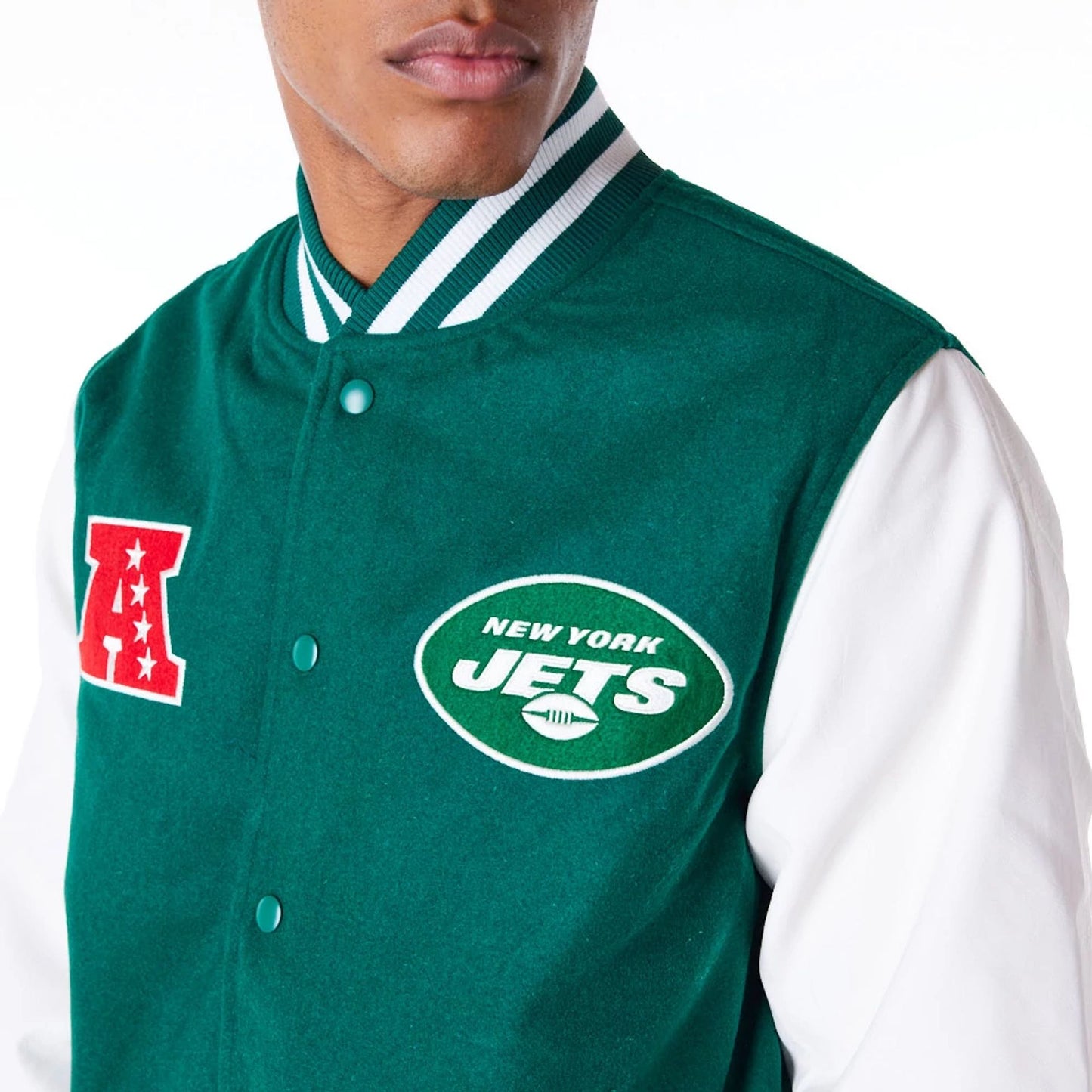 The Male model is wearing New York Jets NFL Patch Green Varsity Jacket 8