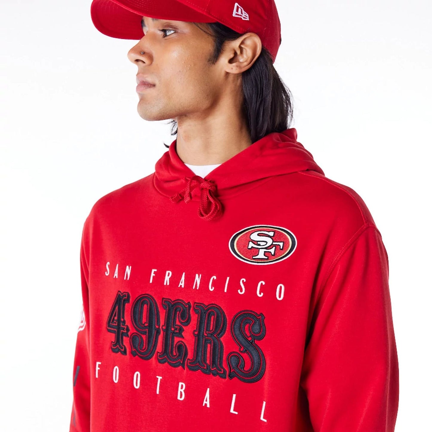 The Male model is wearing San Francisco 49ers NFL Patch Red Oversized Pullover Hoodie 8