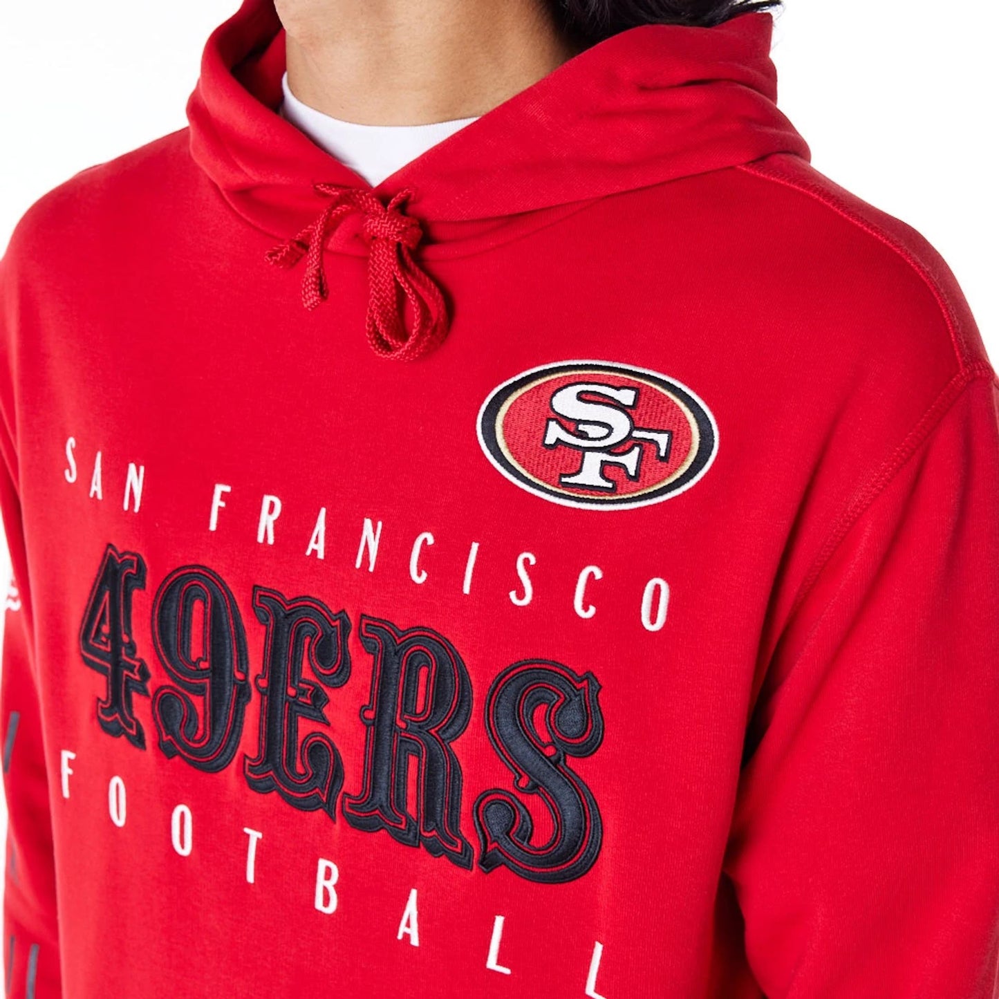 The Male model is wearing San Francisco 49ers NFL Patch Red Oversized Pullover Hoodie 2