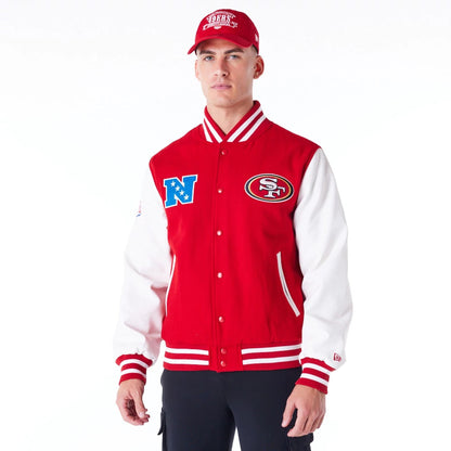 The Male model is wearing San Francisco 49ers NFL Patch Red Varsity Jacket 1