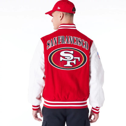 The Male model is wearing San Francisco 49ers NFL Patch Red Varsity Jacket 9