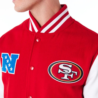 The Male model is wearing San Francisco 49ers NFL Patch Red Varsity Jacket 6