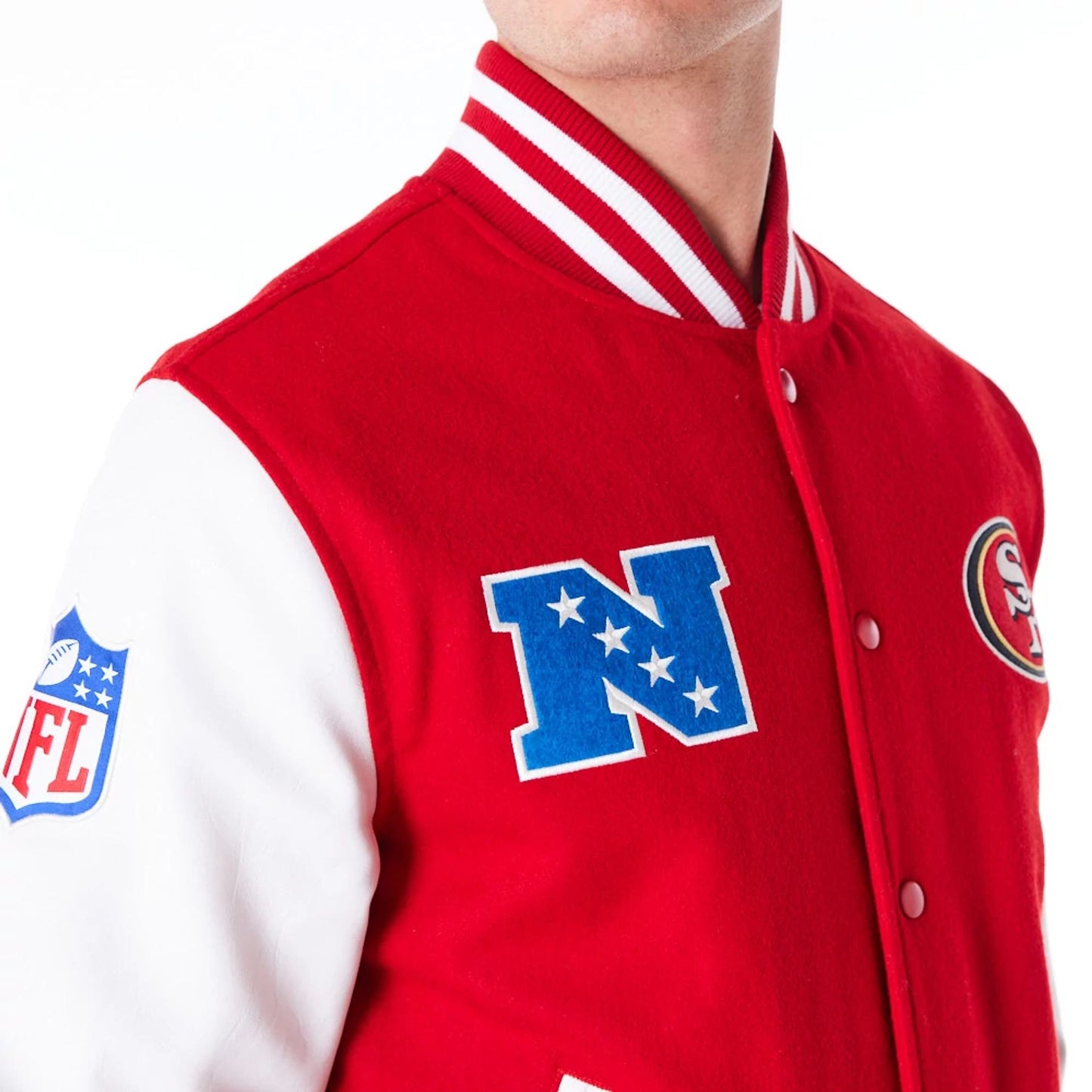 The Male model is wearing San Francisco 49ers NFL Patch Red Varsity Jacket 7