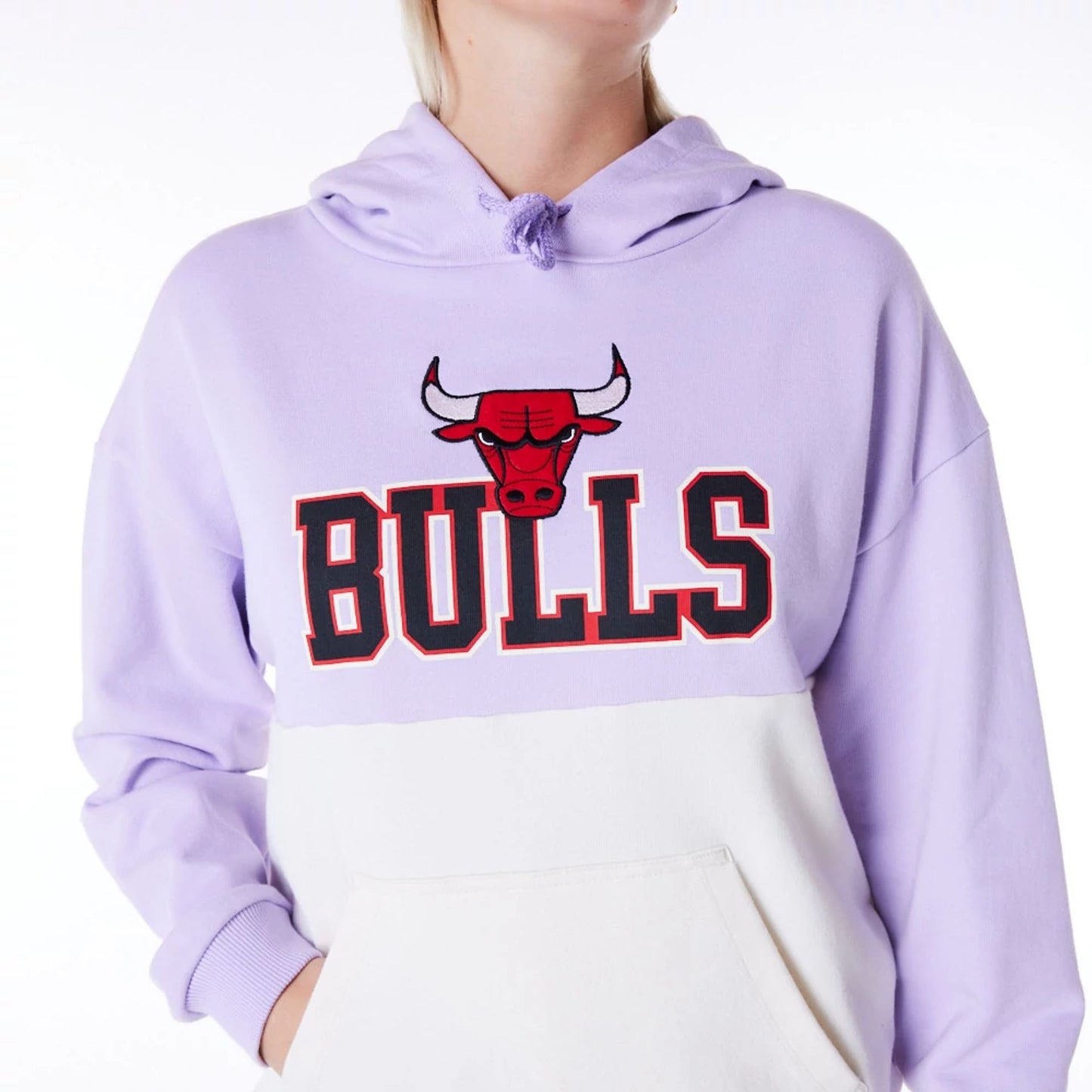 The Female model is wearing Chicago Bulls Womens NBA Pastel Purple Oversized Pullover Hoodie 6