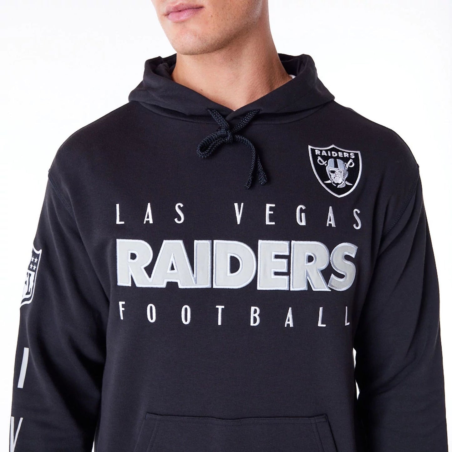 The Male model is wearing Las Vegas Raiders NFL Patch Black Oversized Pullover Hoodie 2