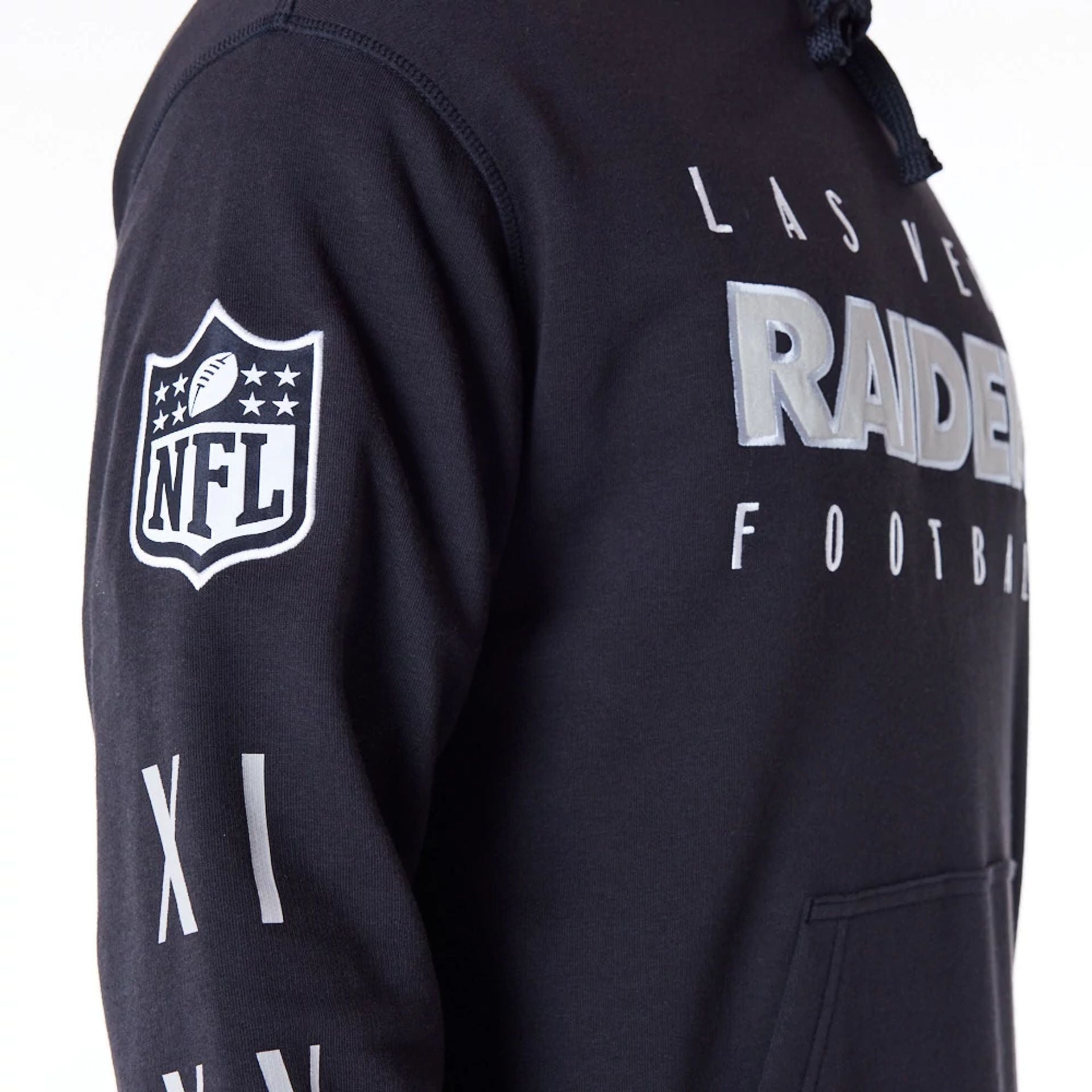 The Male model is wearing Las Vegas Raiders NFL Patch Black Oversized Pullover Hoodie 7