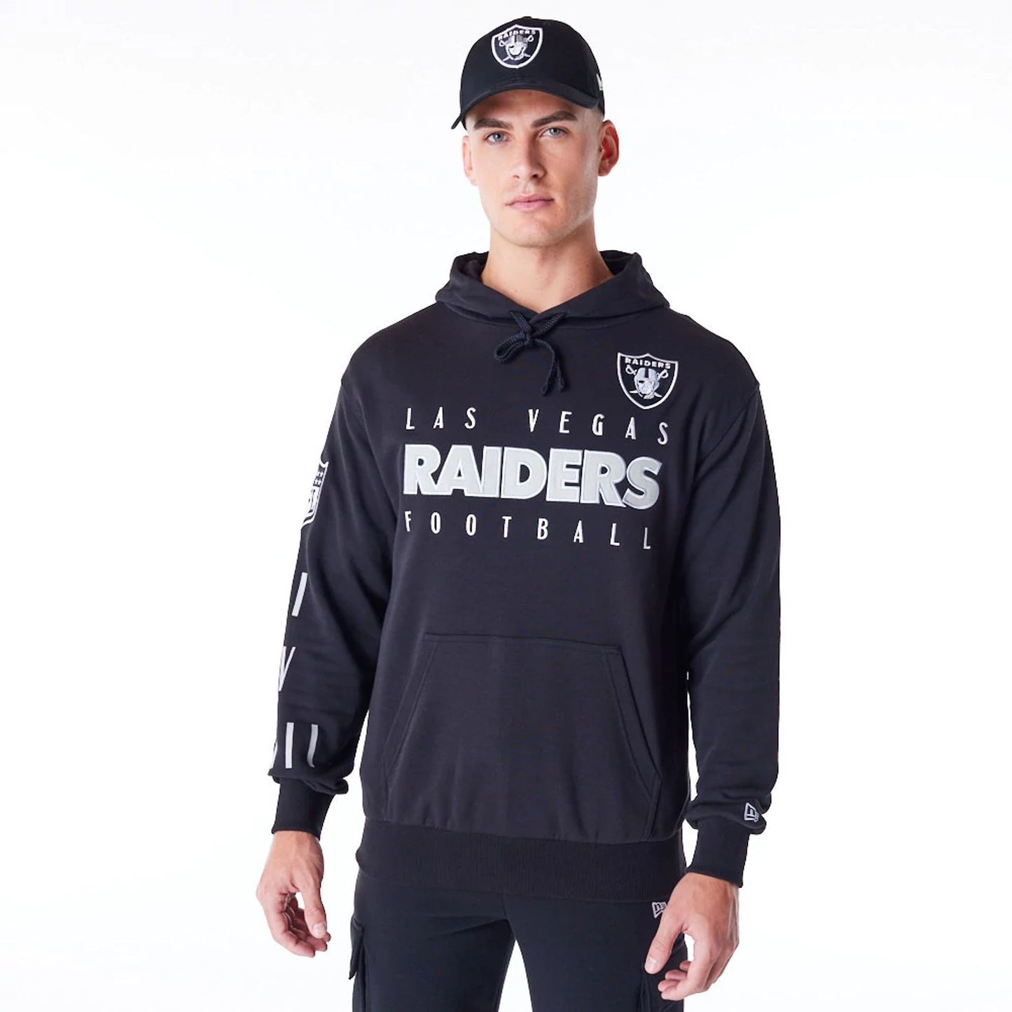 The Male model is wearing Las Vegas Raiders NFL Patch Black Oversized Pullover Hoodie 1