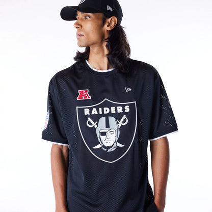 The Male model is wearing Las Vegas Raiders NFL Mesh Black Oversized T-Shirt 5