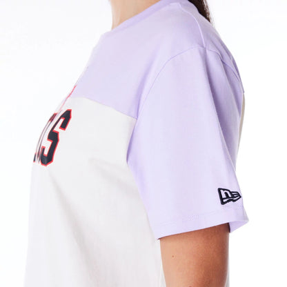 The Female model is wearing Chicago Bulls Womens NBA Pastel Purple Oversized T-Shirt 7