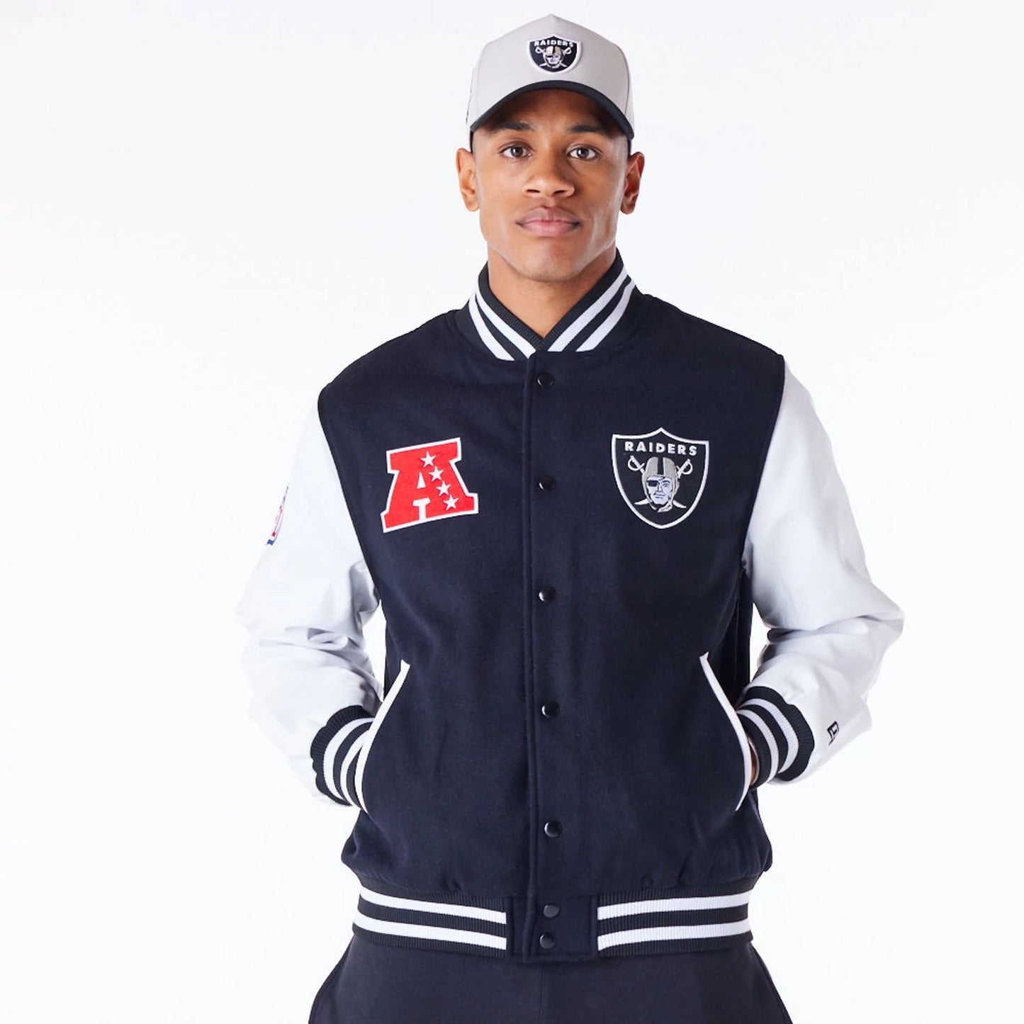 The Male model is wearing Las Vegas Raiders NFL Patch Black Varsity Jacket 10