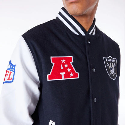 The Male model is wearing Las Vegas Raiders NFL Patch Black Varsity Jacket 8