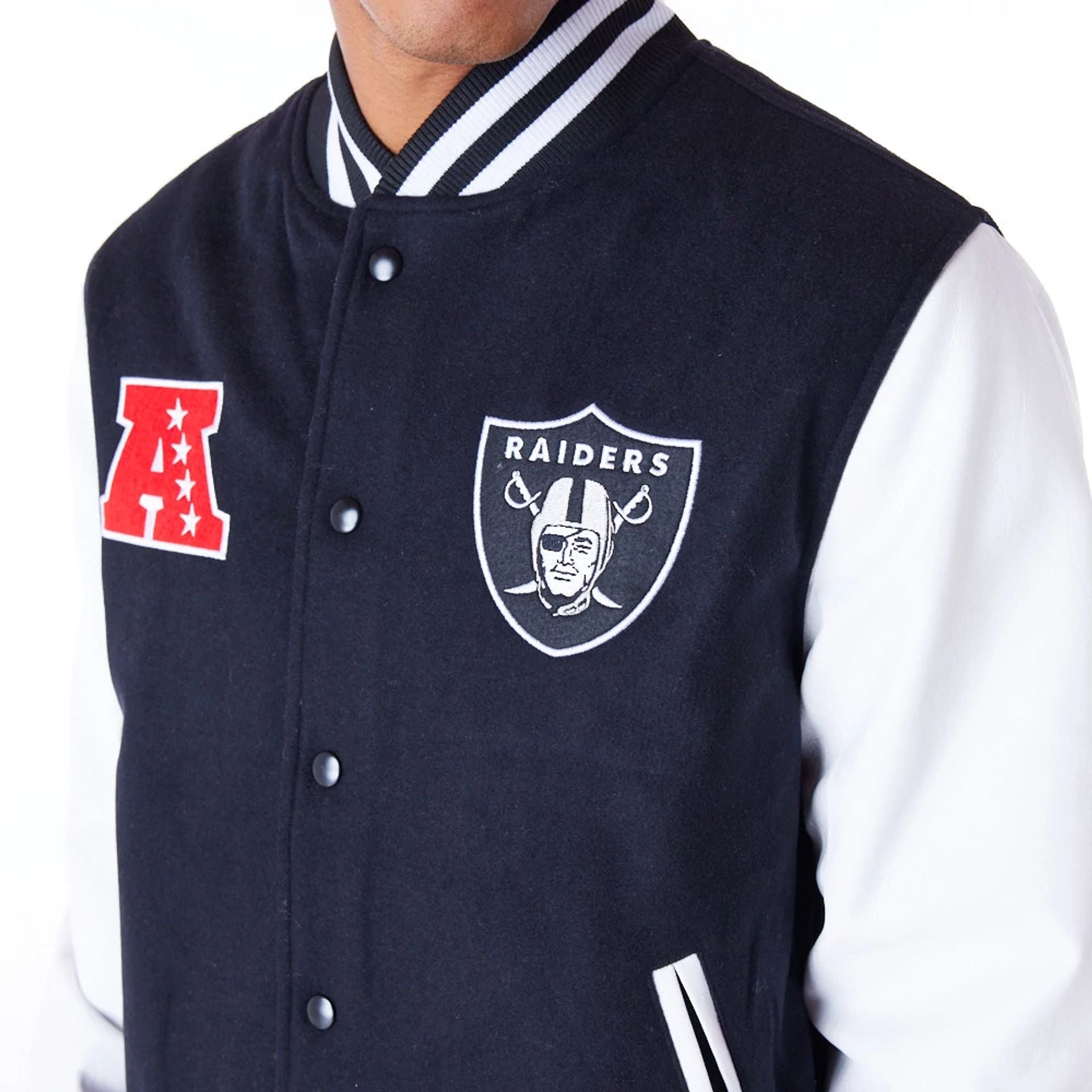 The Male model is wearing Las Vegas Raiders NFL Patch Black Varsity Jacket 3