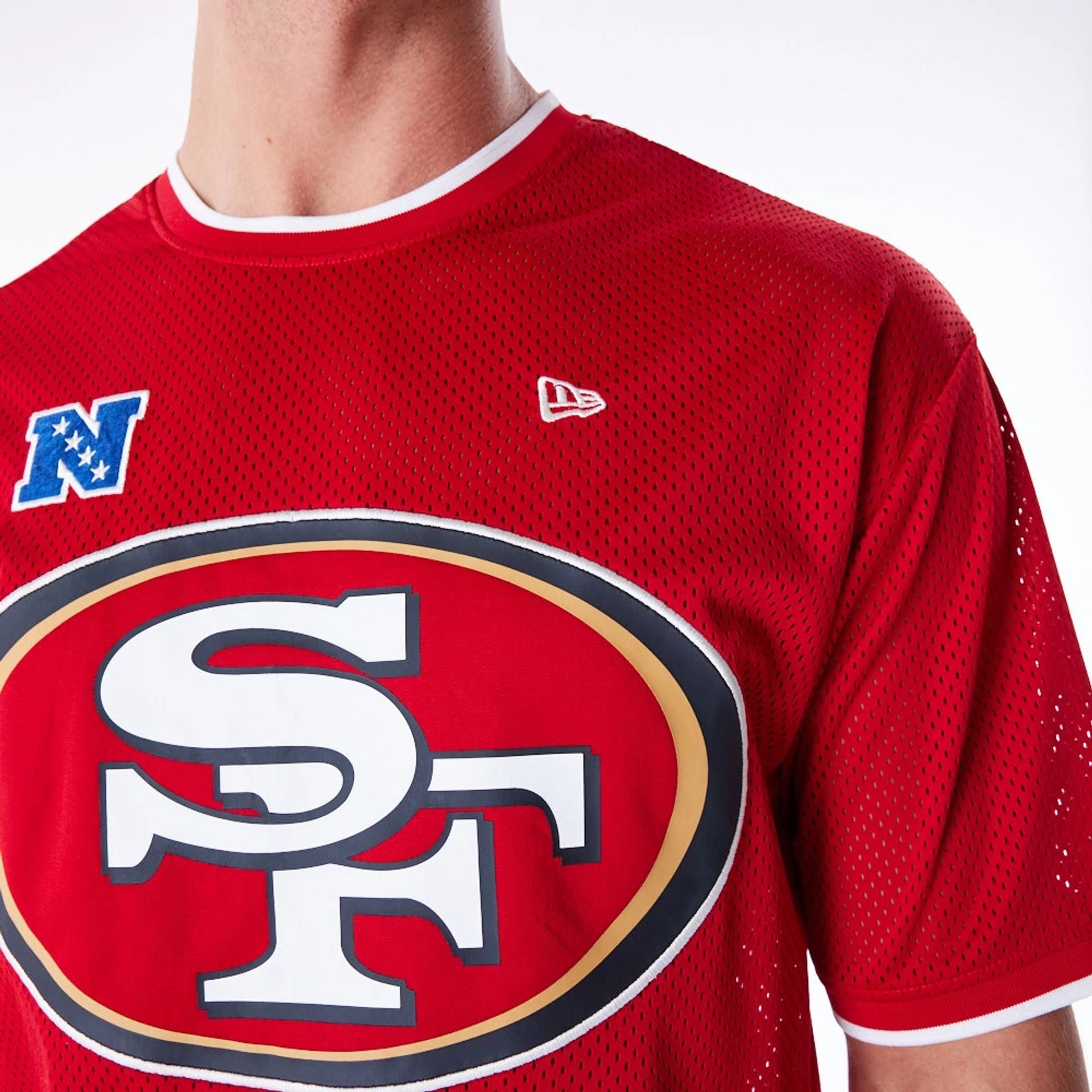 The Male model is wearing San Francisco 49ers NFL Mesh Red Oversized T-Shirt 6