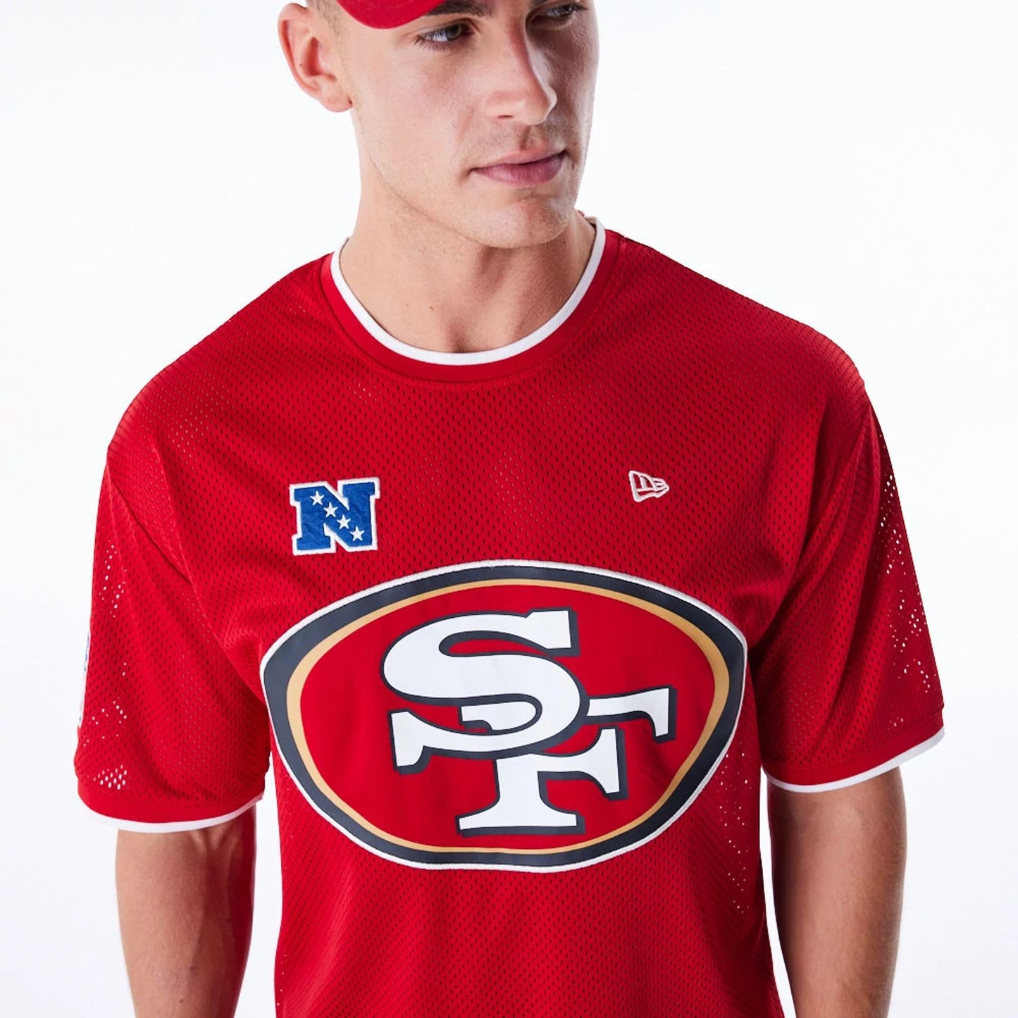 The Male model is wearing San Francisco 49ers NFL Mesh Red Oversized T-Shirt 5