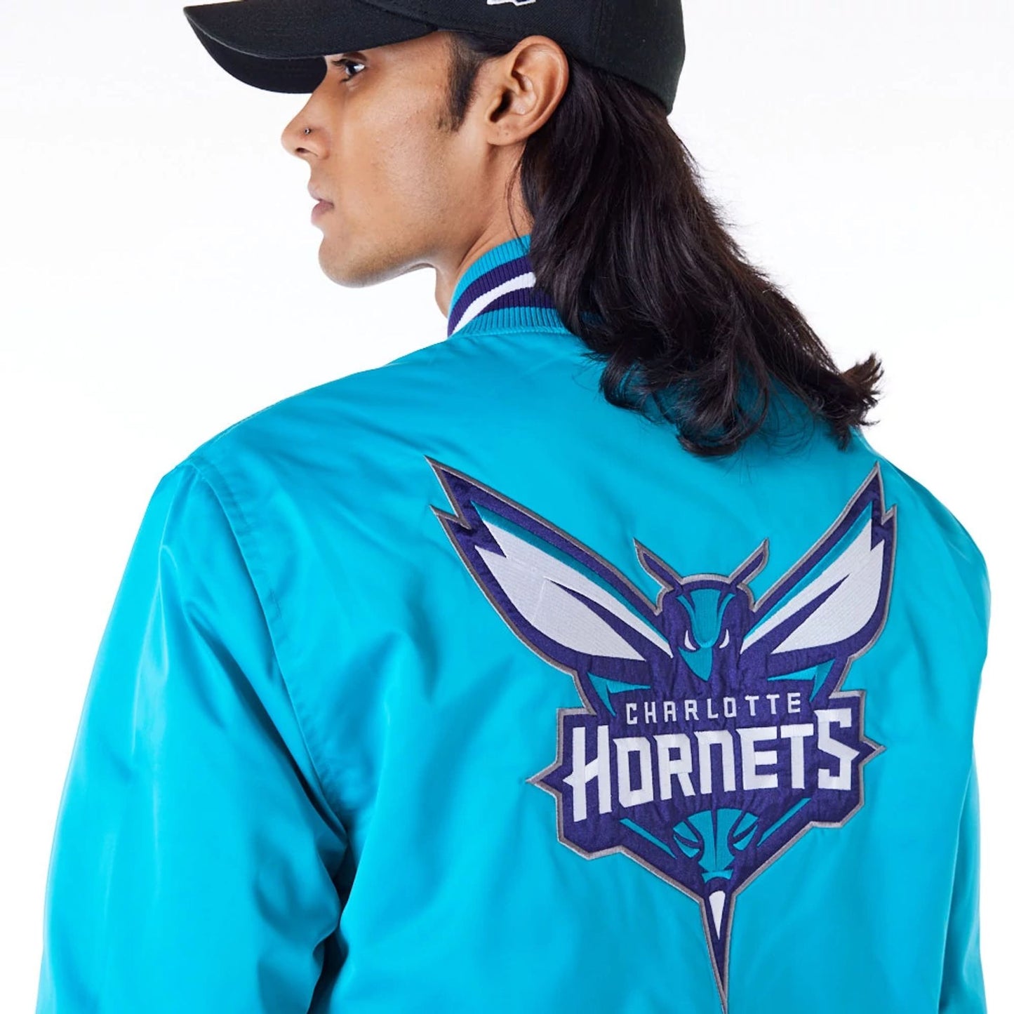 The Male model is wearing Charlotte Hornets NBA Satin Turquoise Bomber Jacket 6