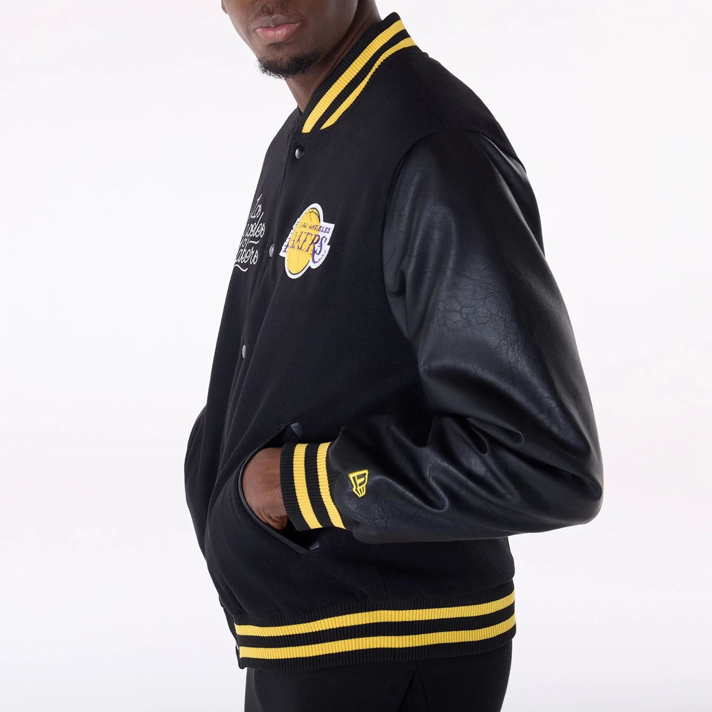 The Male model is wearing LA Lakers NBA Patch Black Varsity Jacket 7