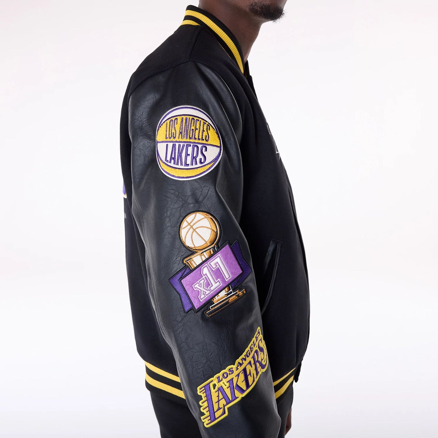 The Male model is wearing LA Lakers NBA Patch Black Varsity Jacket 6