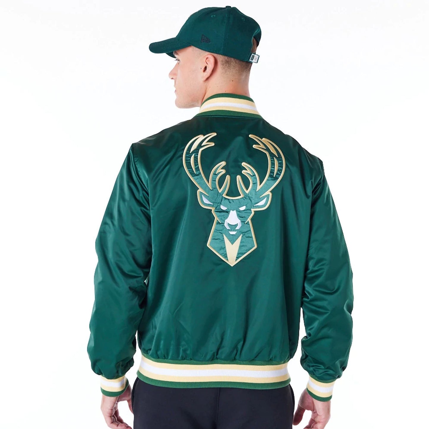 The Male model is wearing Milwaukee Bucks NBA Satin Dark Green Bomber Jacket 5