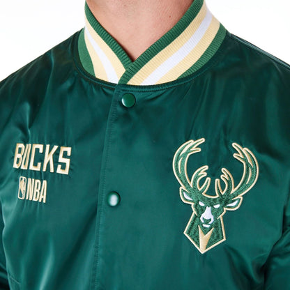 The Male model is wearing Milwaukee Bucks NBA Satin Dark Green Bomber Jacket 7