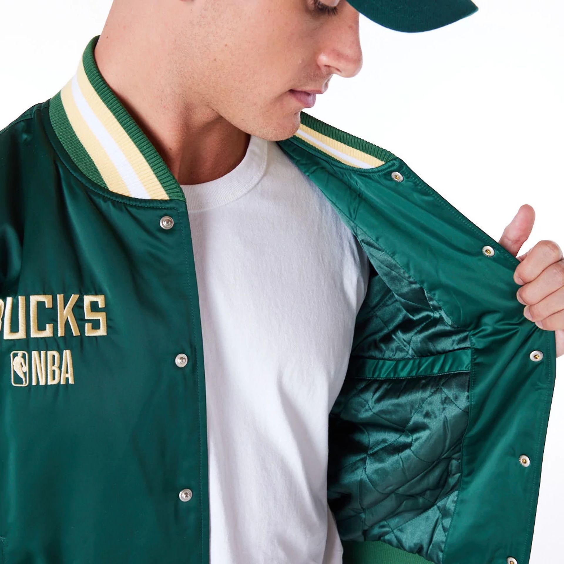 The Male model is wearing Milwaukee Bucks NBA Satin Dark Green Bomber Jacket 3